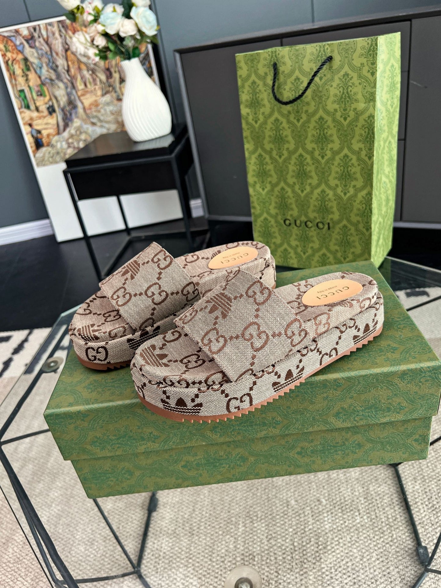 Gucci Green Canvas & Leather Double G Slides