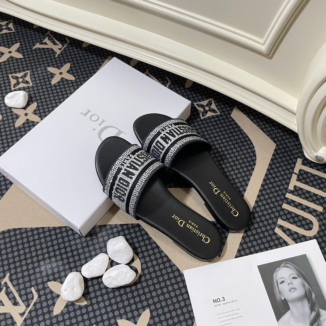 Dior Lambskin Leather Embroidered Slides