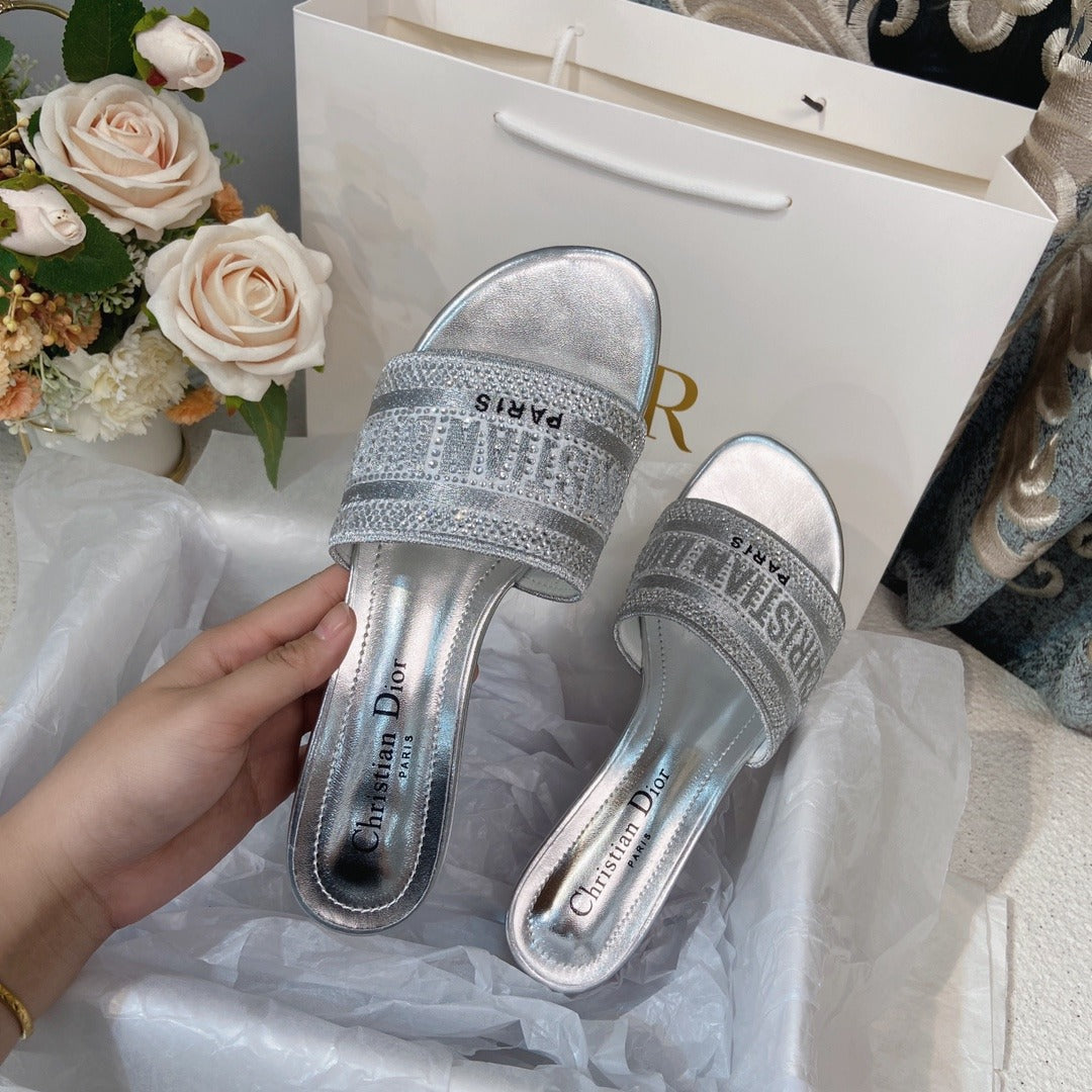 Dior Cotton & Lambskin Leather Crystal Slides
