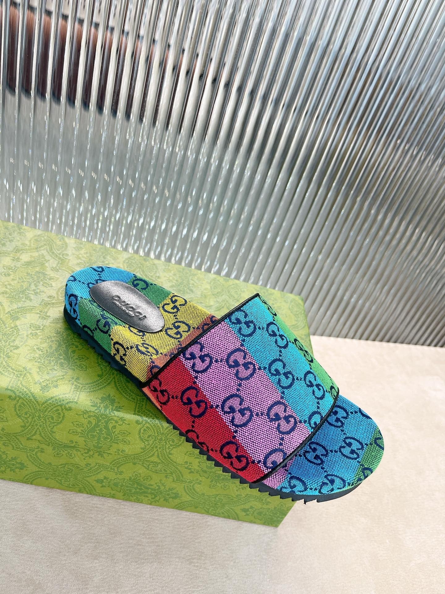 Gucci Green Canvas & Leather Double G Slides