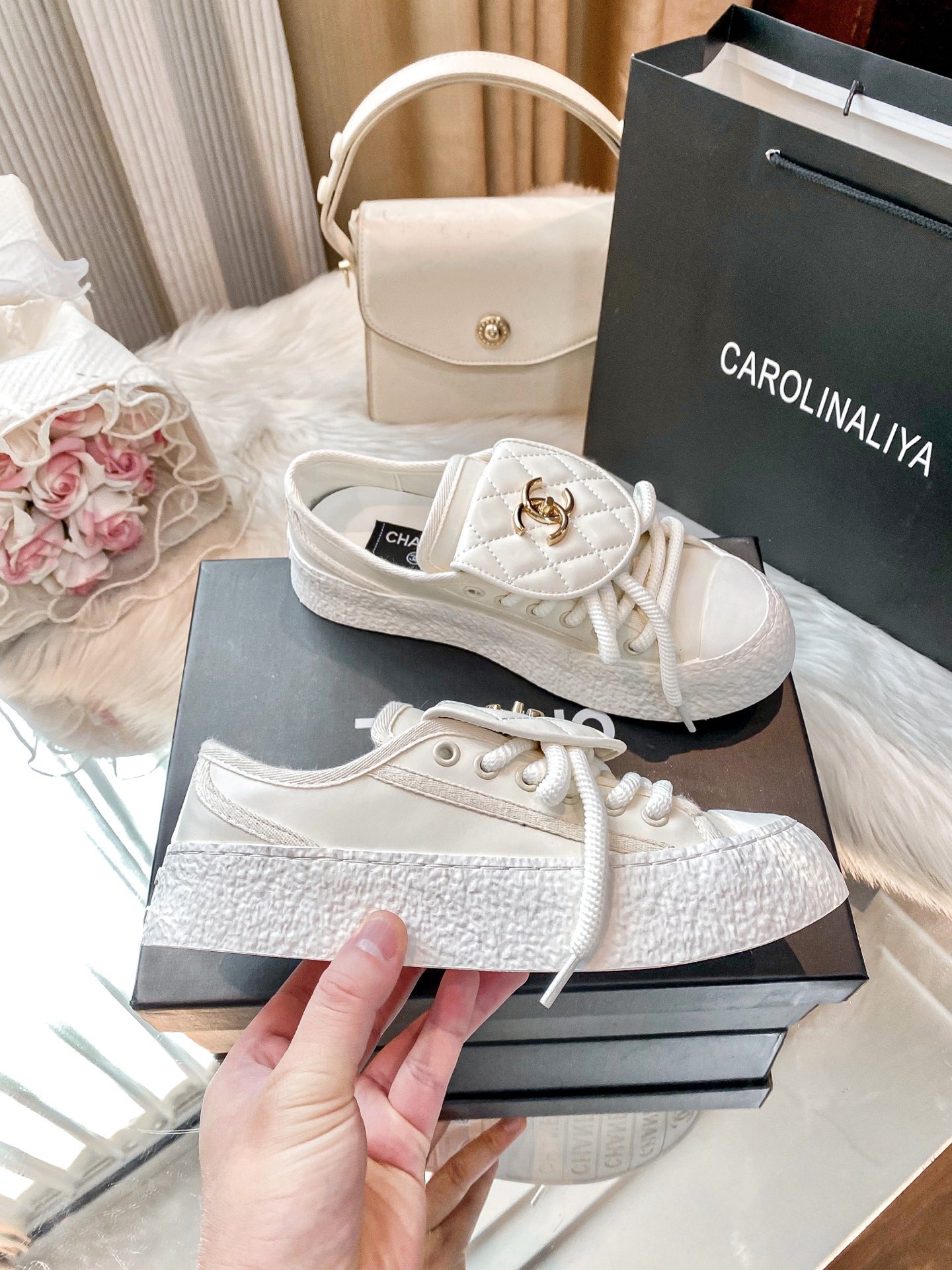 Chanel Black Lambskin Leather Logo Sneakers