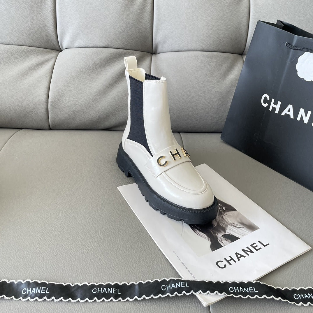 Chanel Lambskin Leather Logo Boots