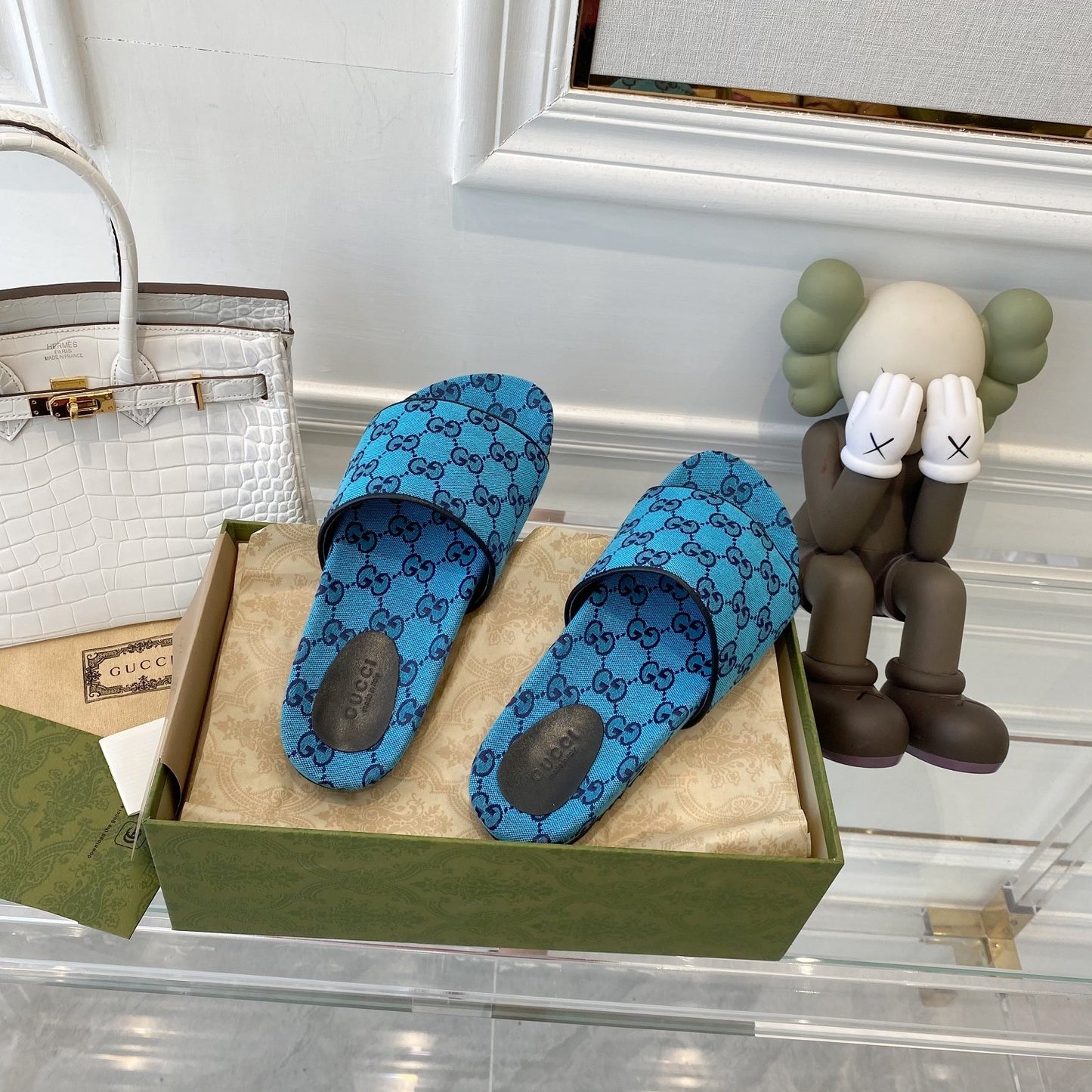Gucci Green Canvas & Leather Double G Slides