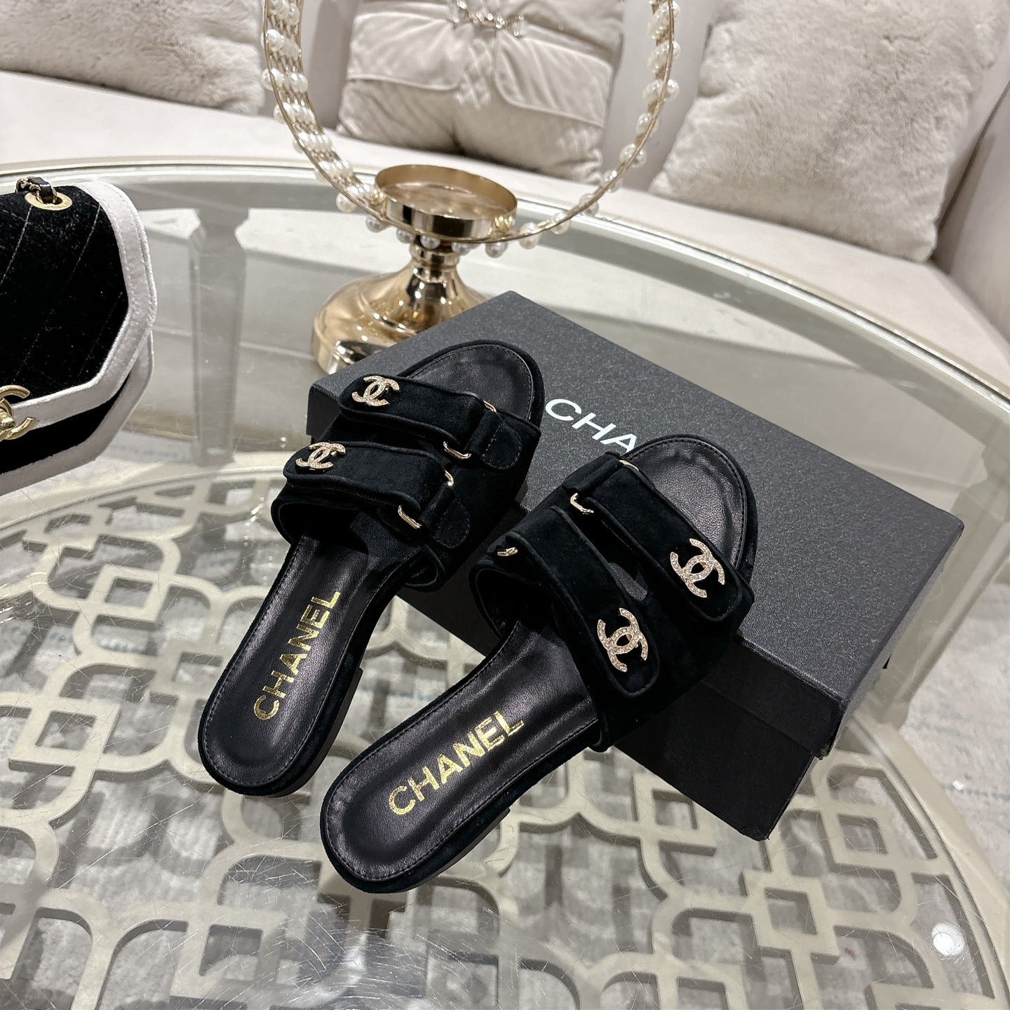 Chanel Lambskin Leather Crystal Slides