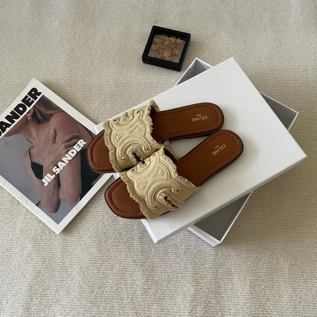 Celine Denim & Leather Tassel Slides