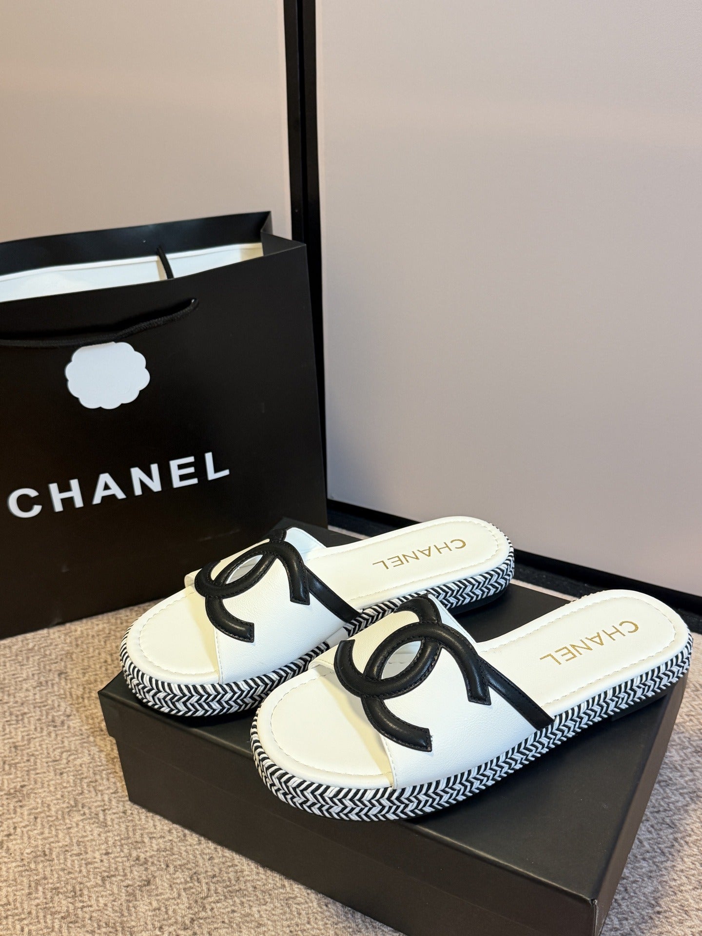 Chanel Lambskin Leather Logo Slides