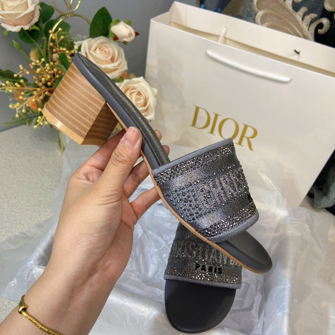 Dior Cotton & Lambskin Leather Crystal Slides