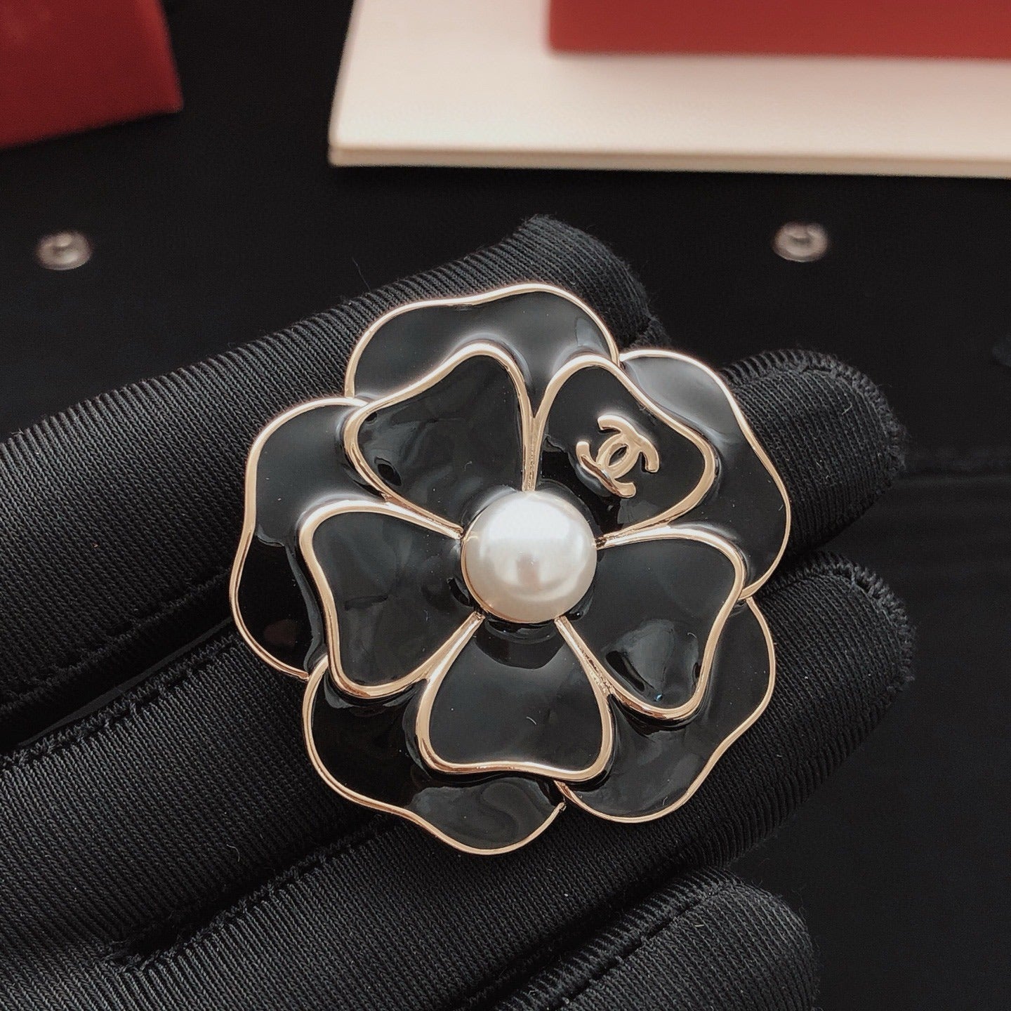 Chanel Black Brass Floral Brooch