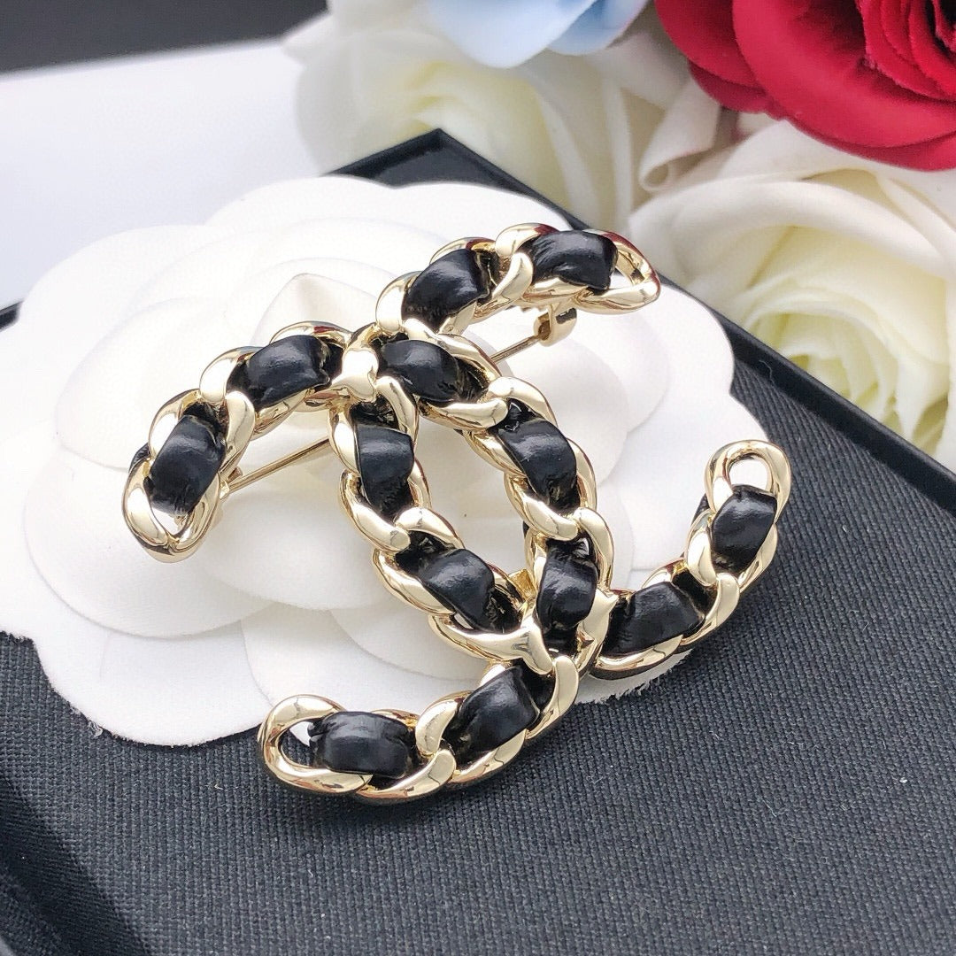 Chanel Black Lambskin Leather & Brass Brooch
