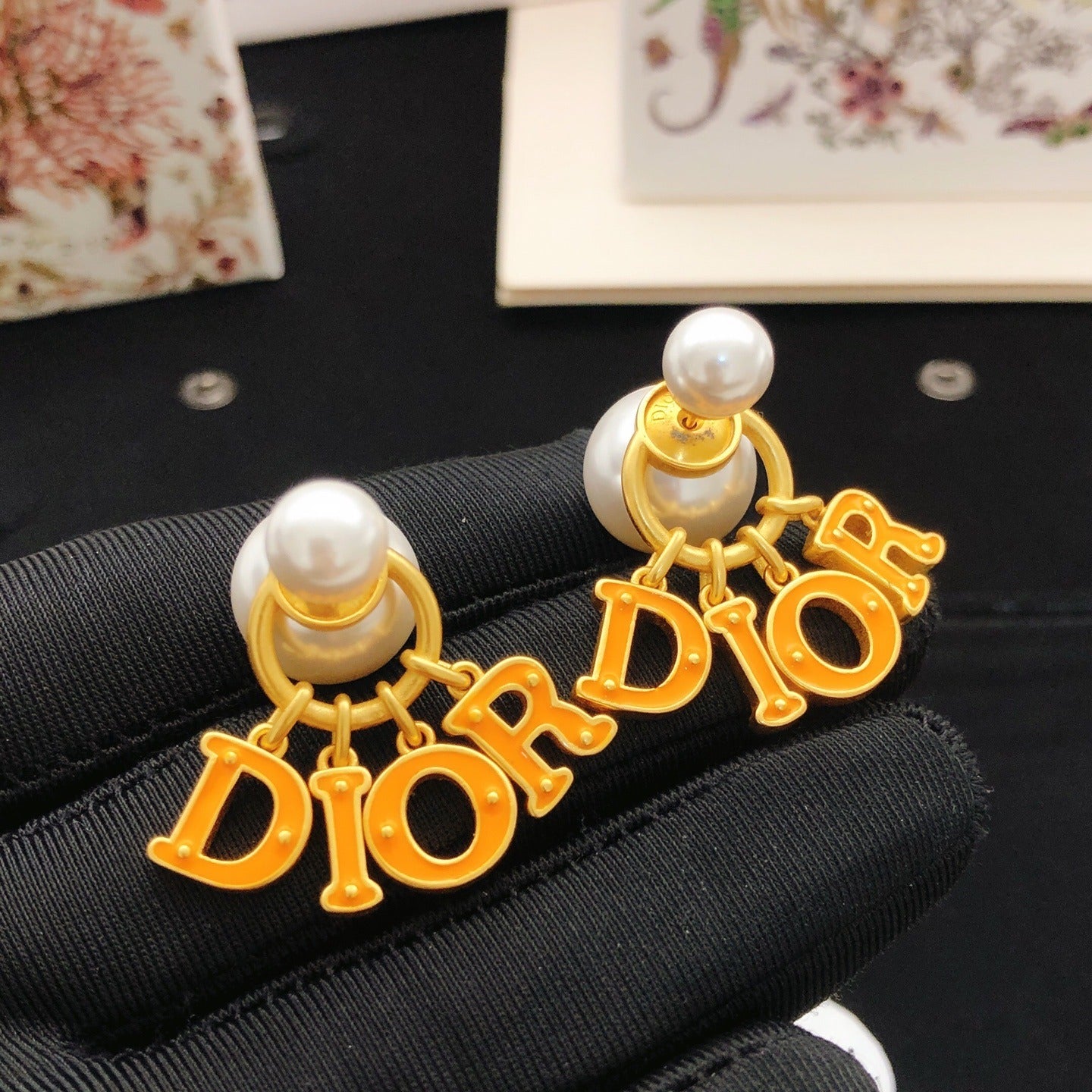 Dior Orange Brass Logo Earrings