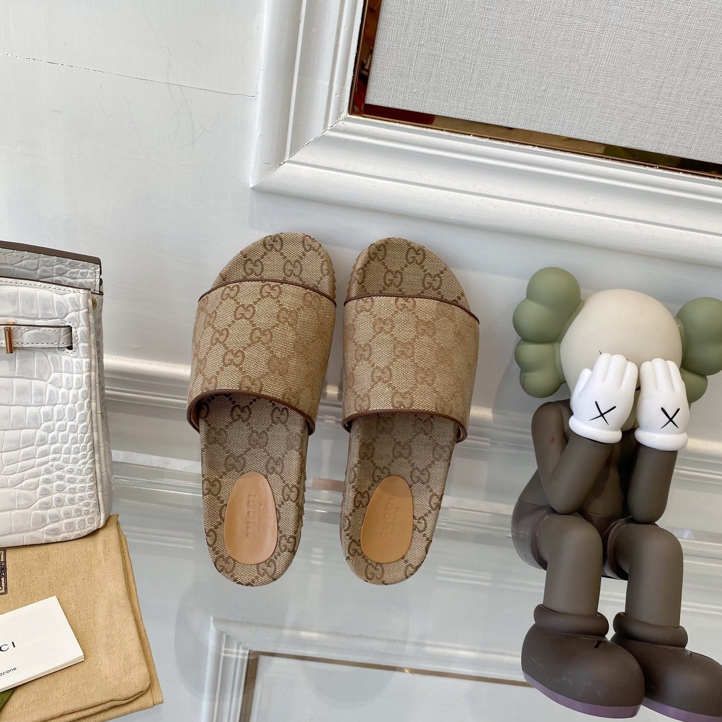 Gucci Green Canvas & Leather Double G Slides