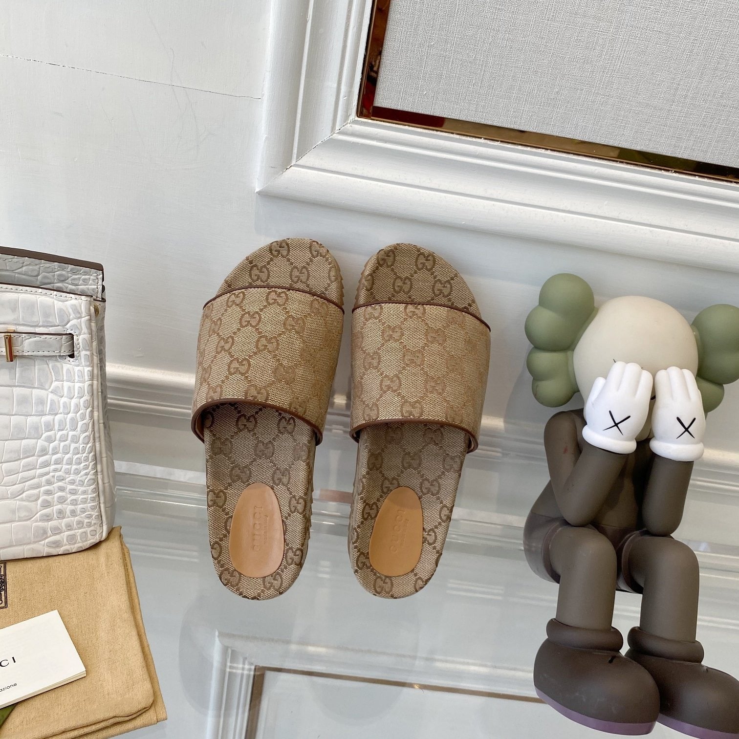 Gucci Green Canvas & Leather Double G Slides