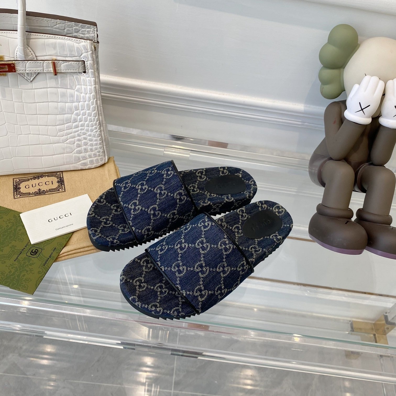 Gucci Green Canvas & Leather Double G Slides