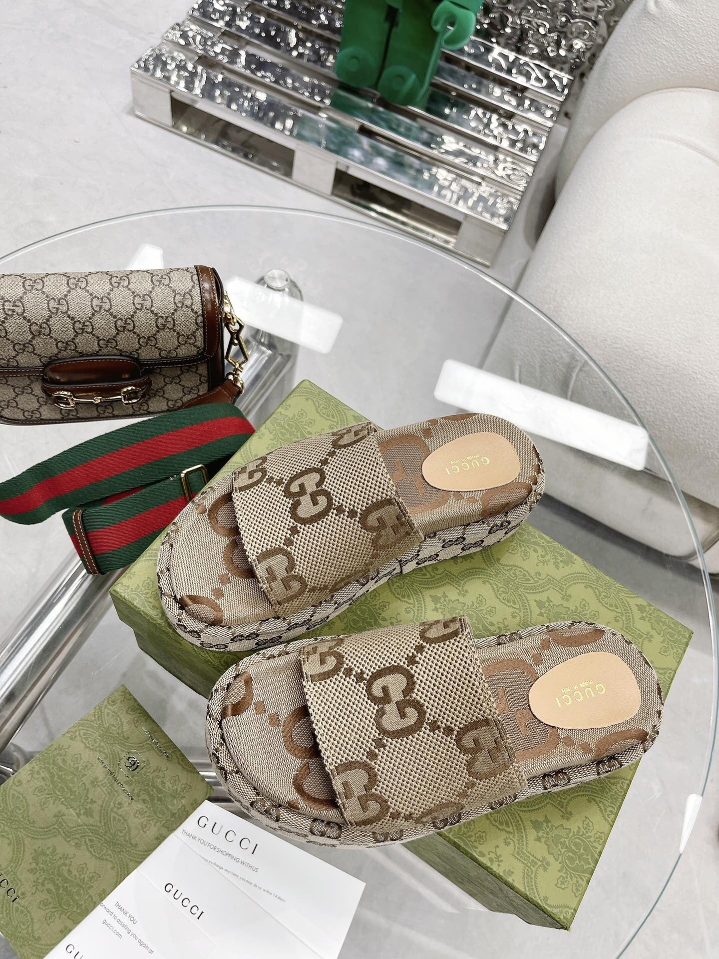 Gucci Green Canvas & Leather Double G Slides