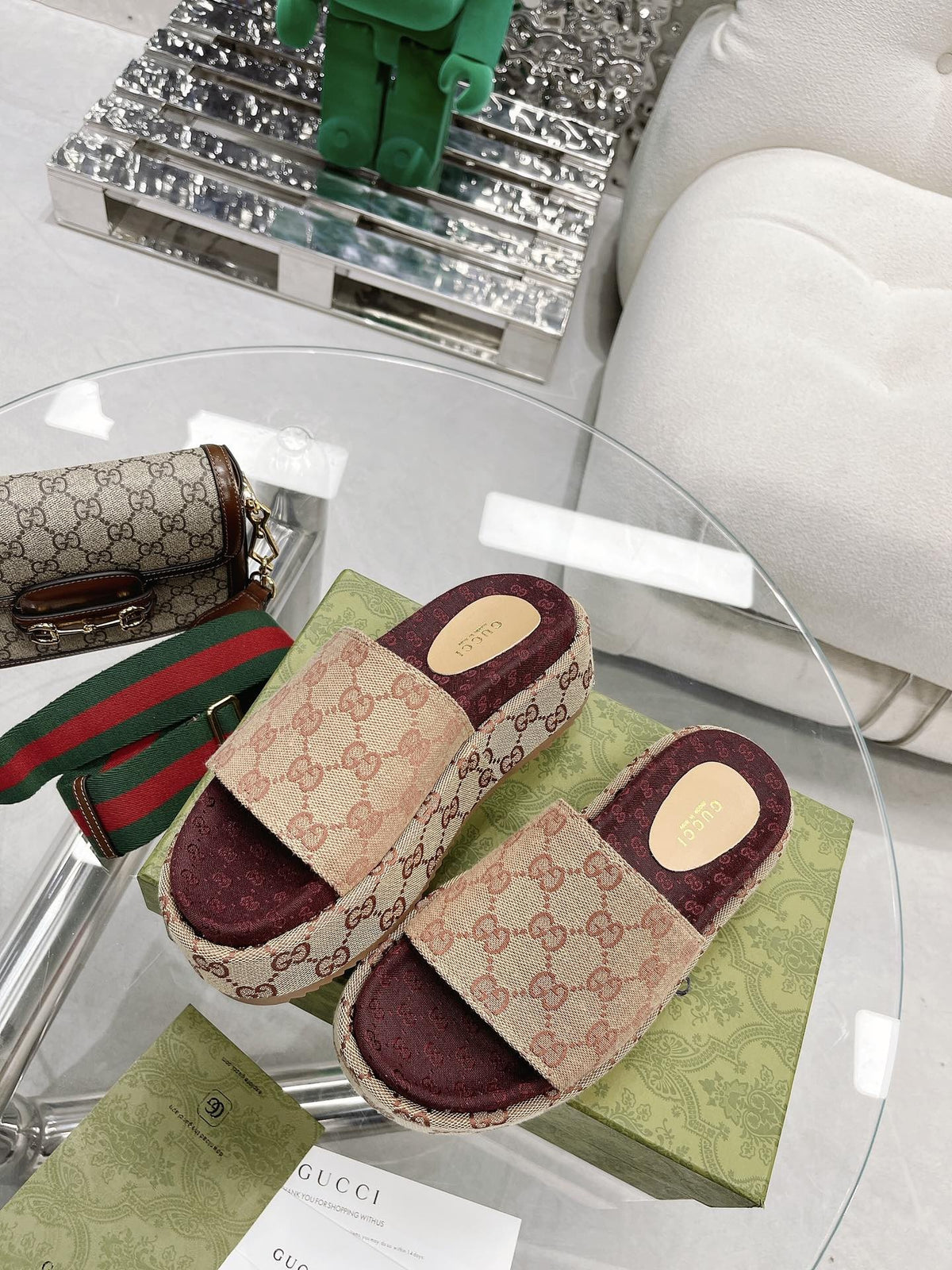 Gucci Green Canvas & Leather Double G Slides