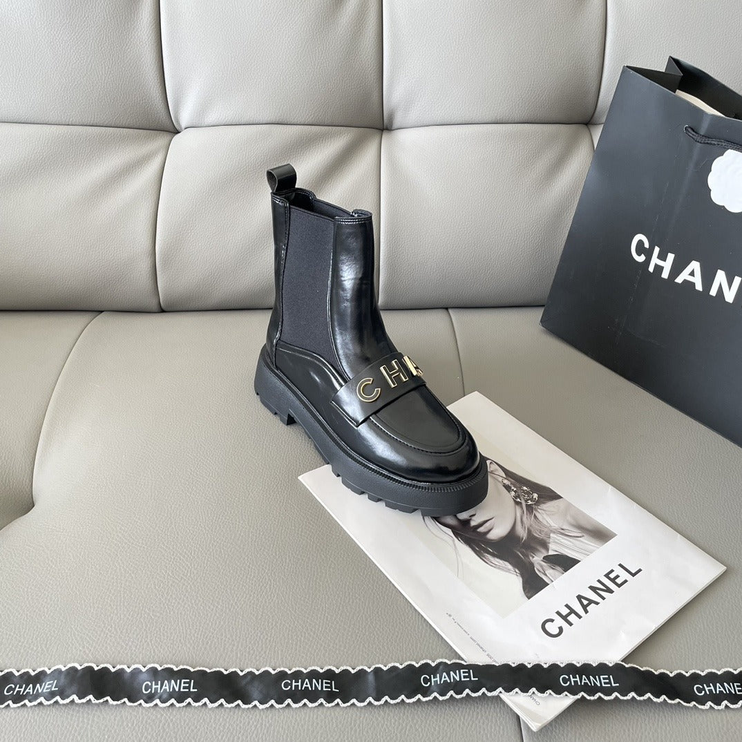 Chanel Lambskin Leather Logo Boots