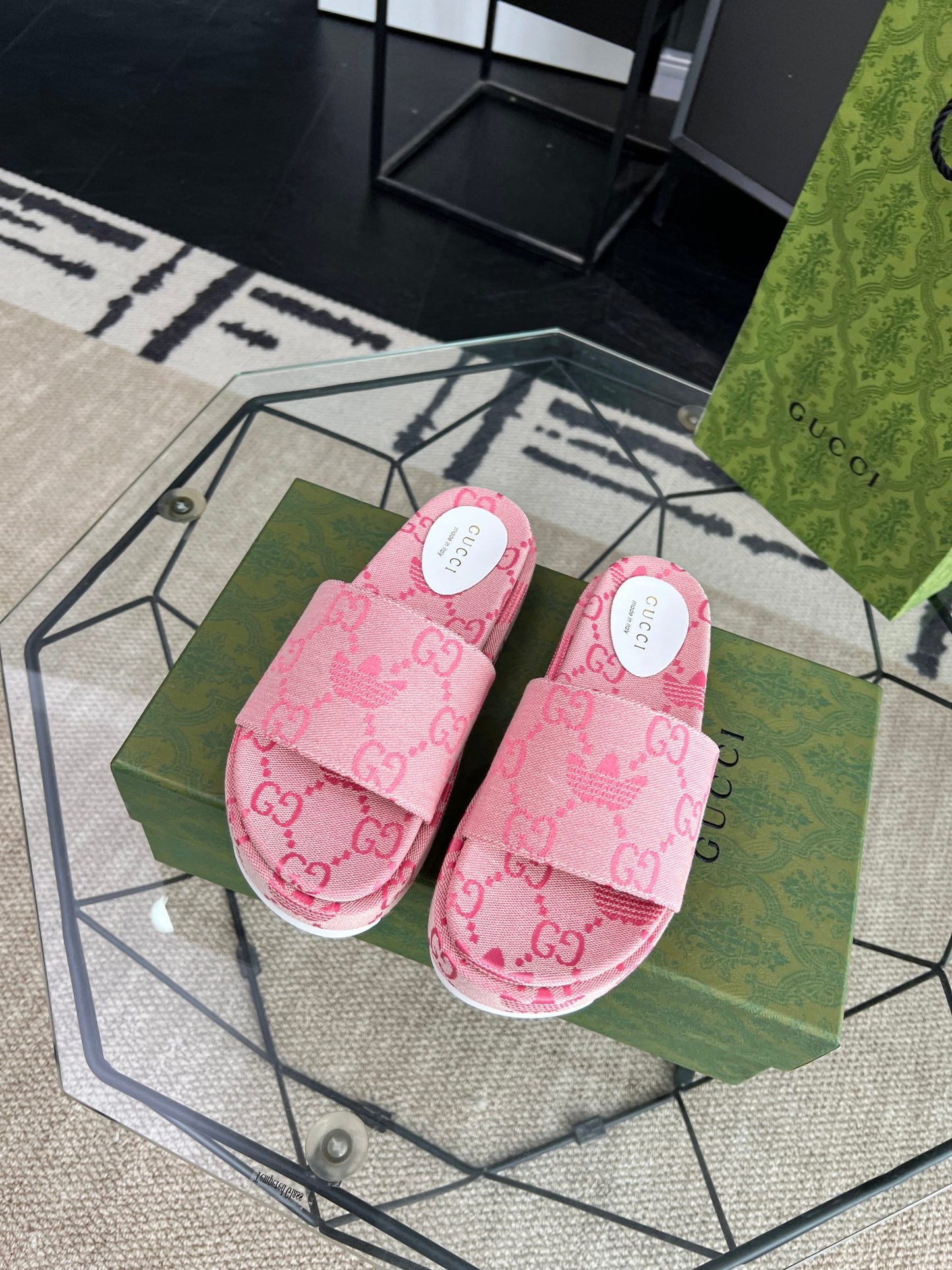 Gucci Green Canvas & Leather Double G Slides
