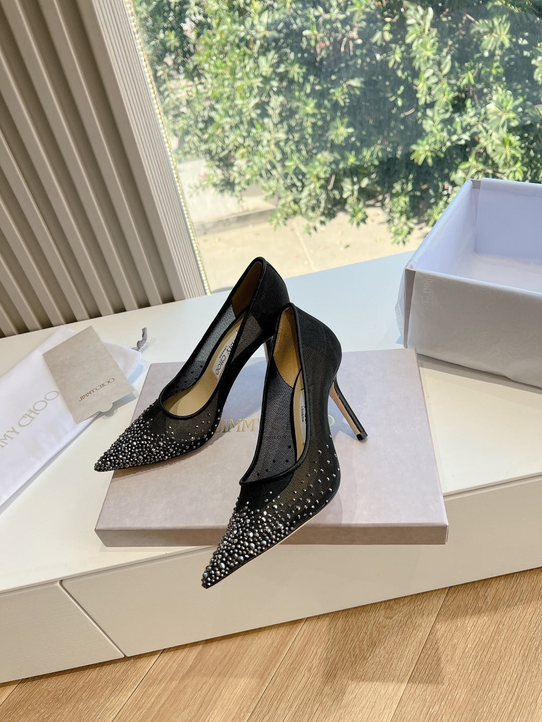 Jimmy Choo Lambskin Leather Crystal Heels