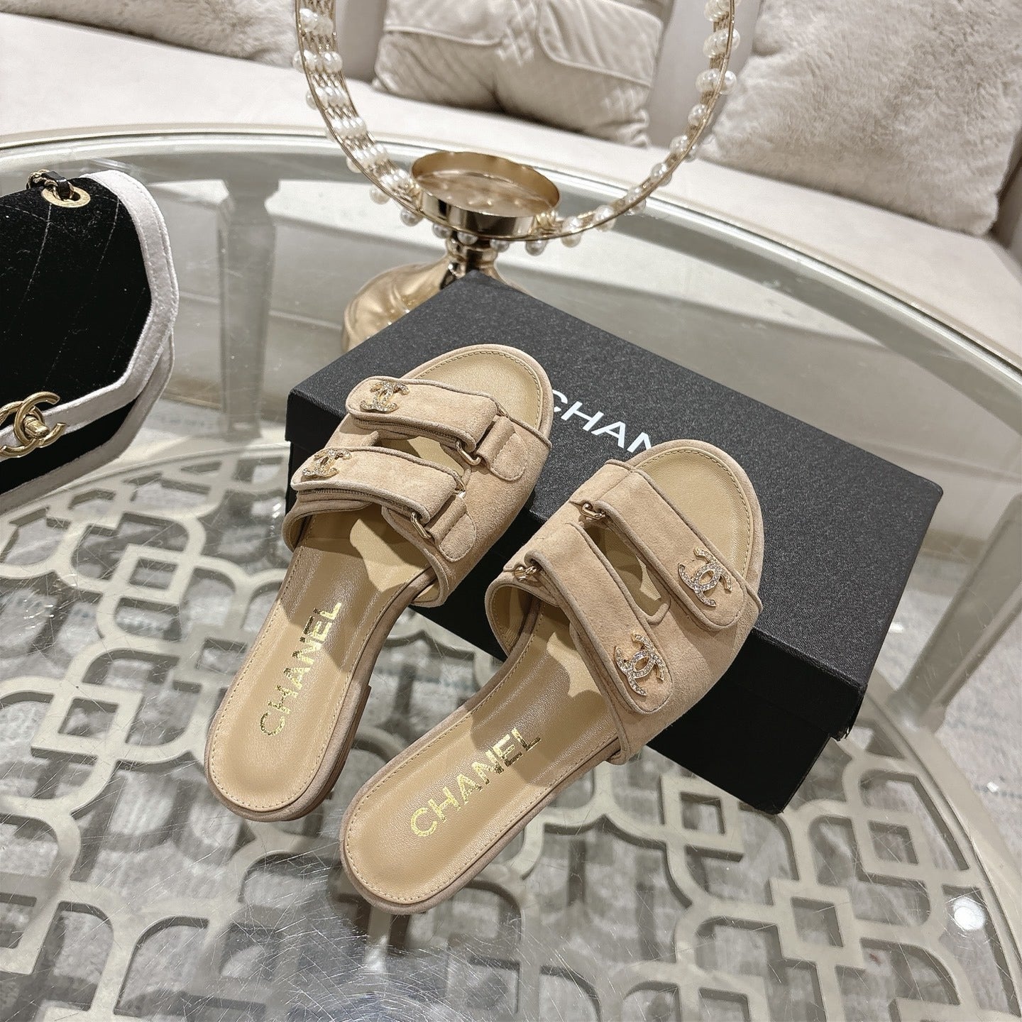 Chanel Lambskin Leather Crystal Slides