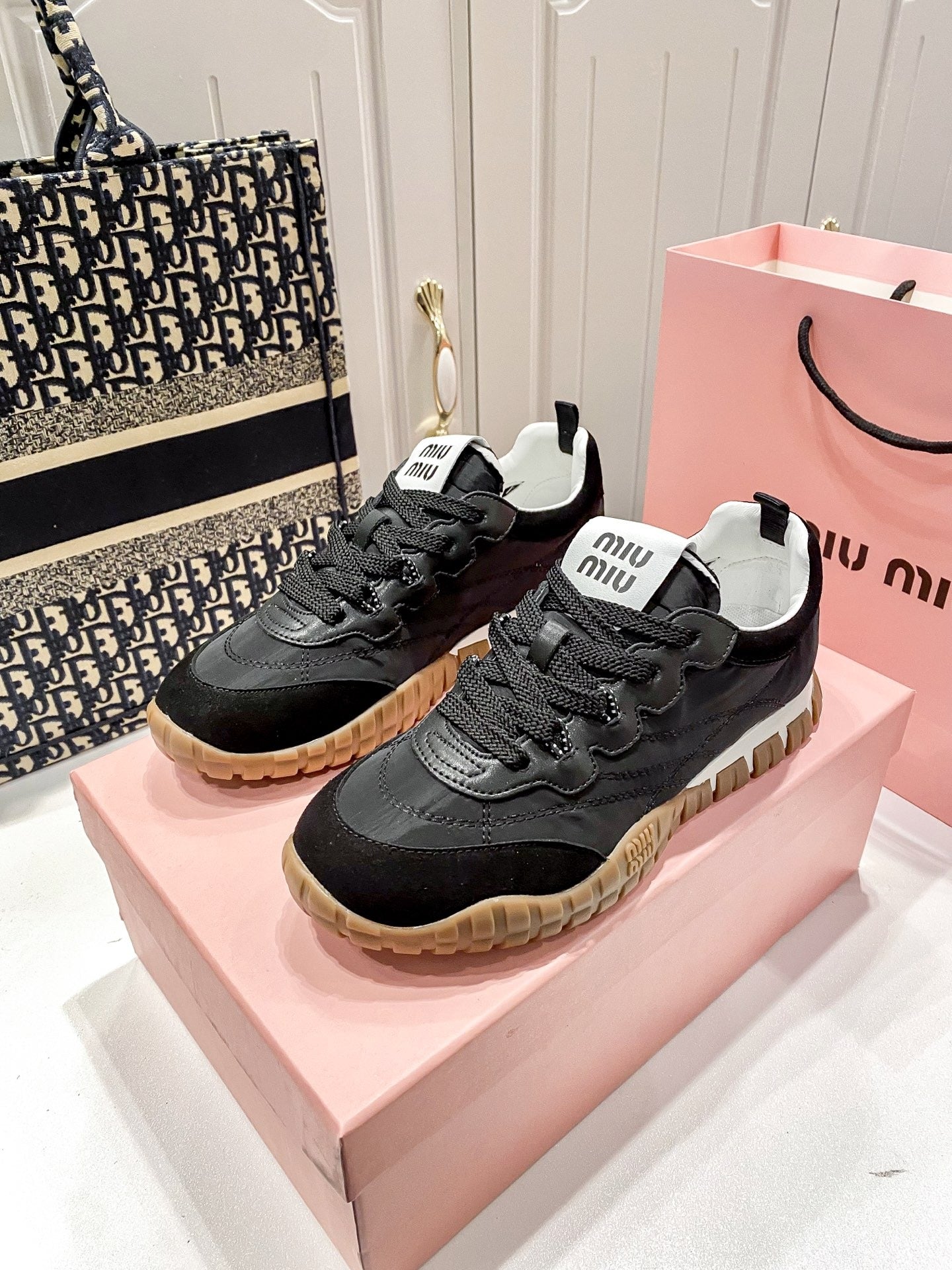 Miu Miu Black Canvas & Leather Vintage-Finish Sneakers