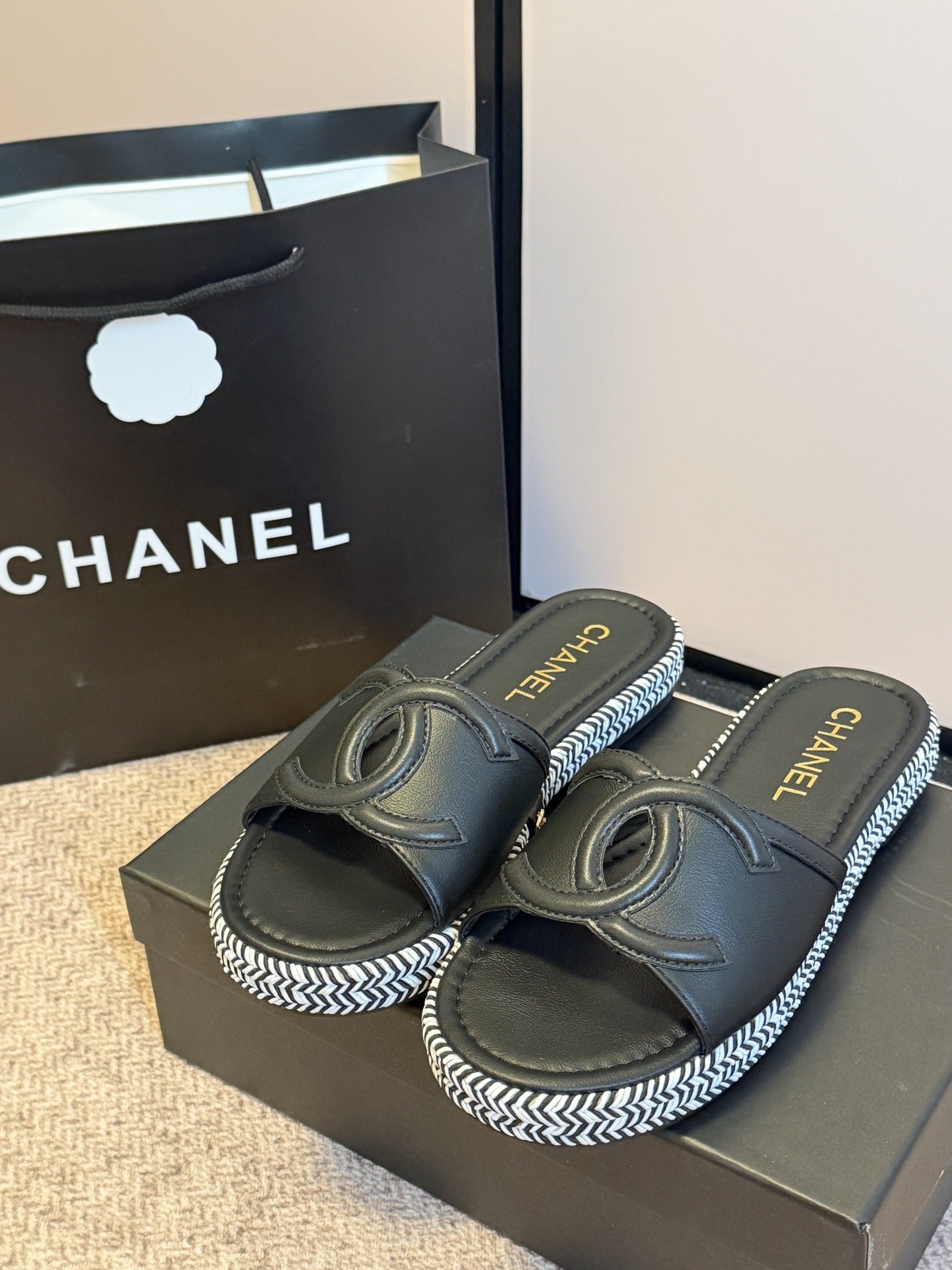 Chanel Lambskin Leather Logo Slides