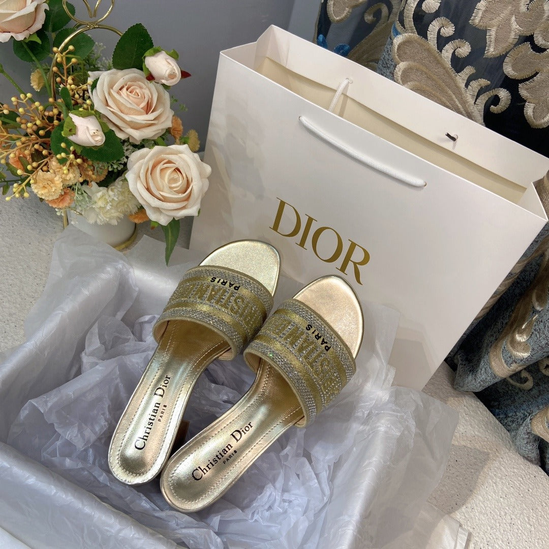 Dior Cotton & Lambskin Leather Crystal Slides