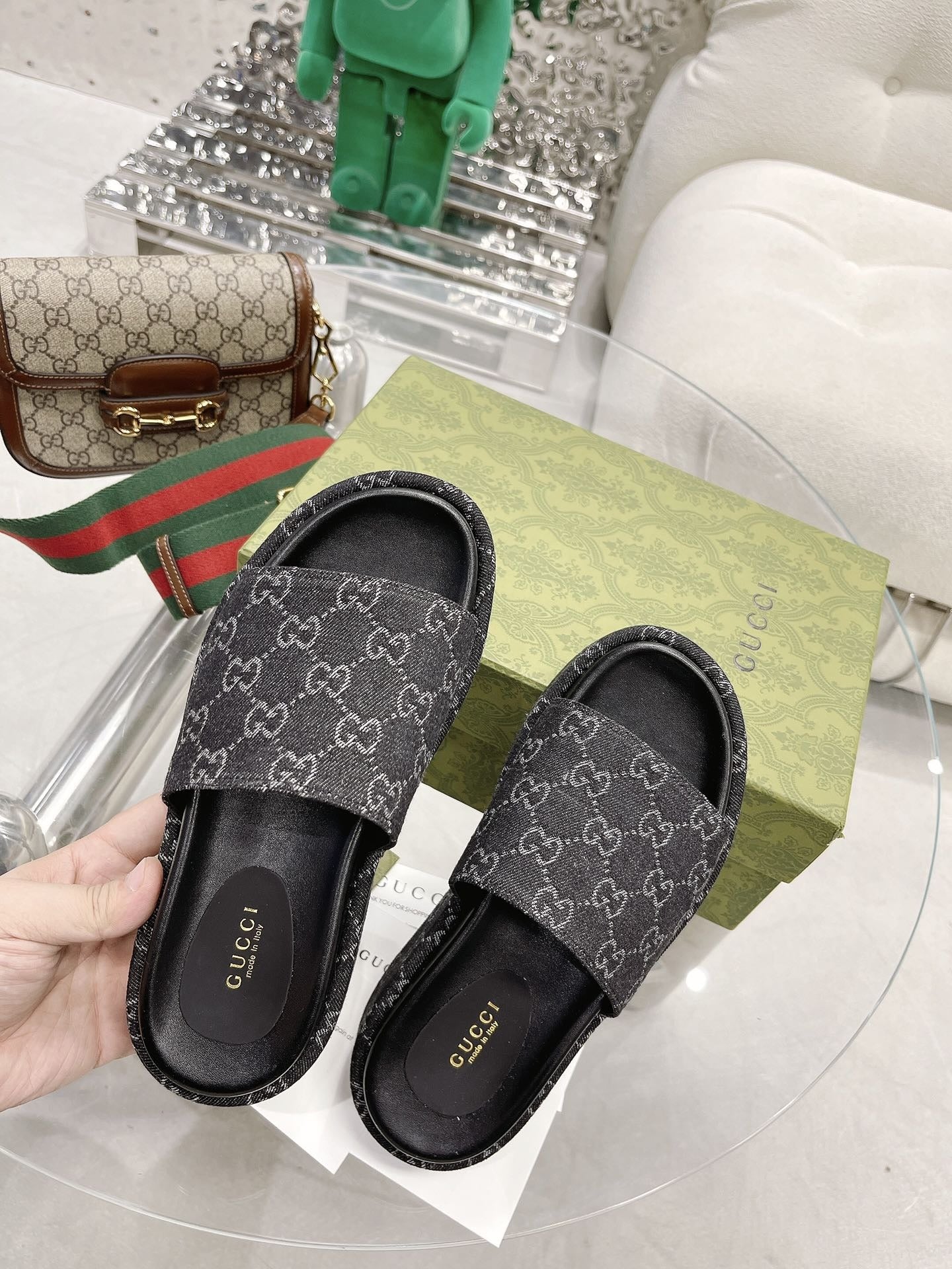 Gucci Green Canvas & Leather Double G Slides