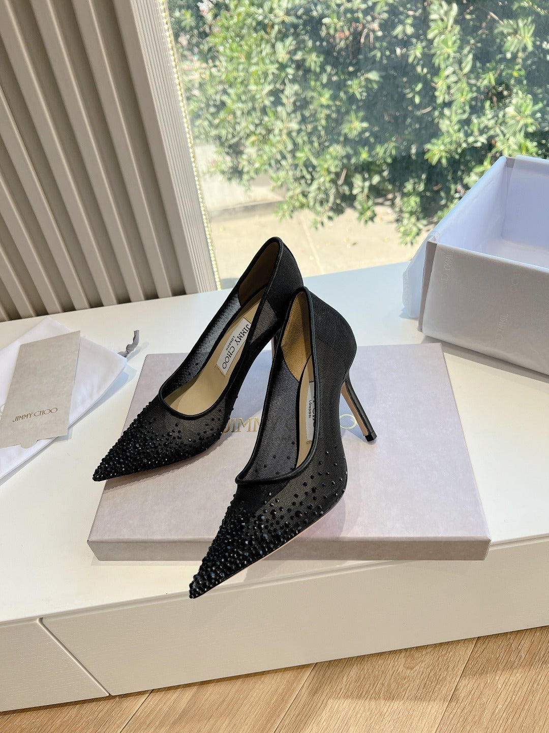 Jimmy Choo Lambskin Leather Crystal Heels