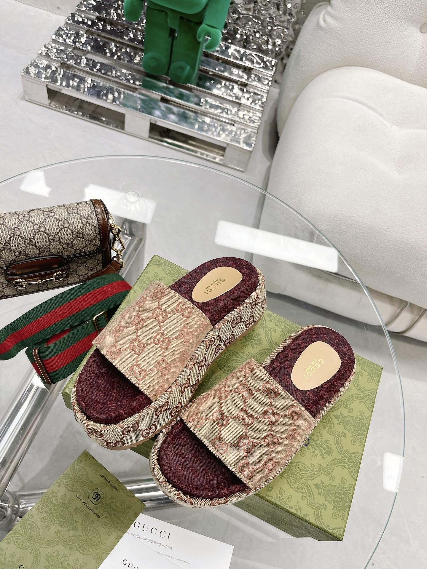 Gucci Green Canvas & Leather Double G Slides
