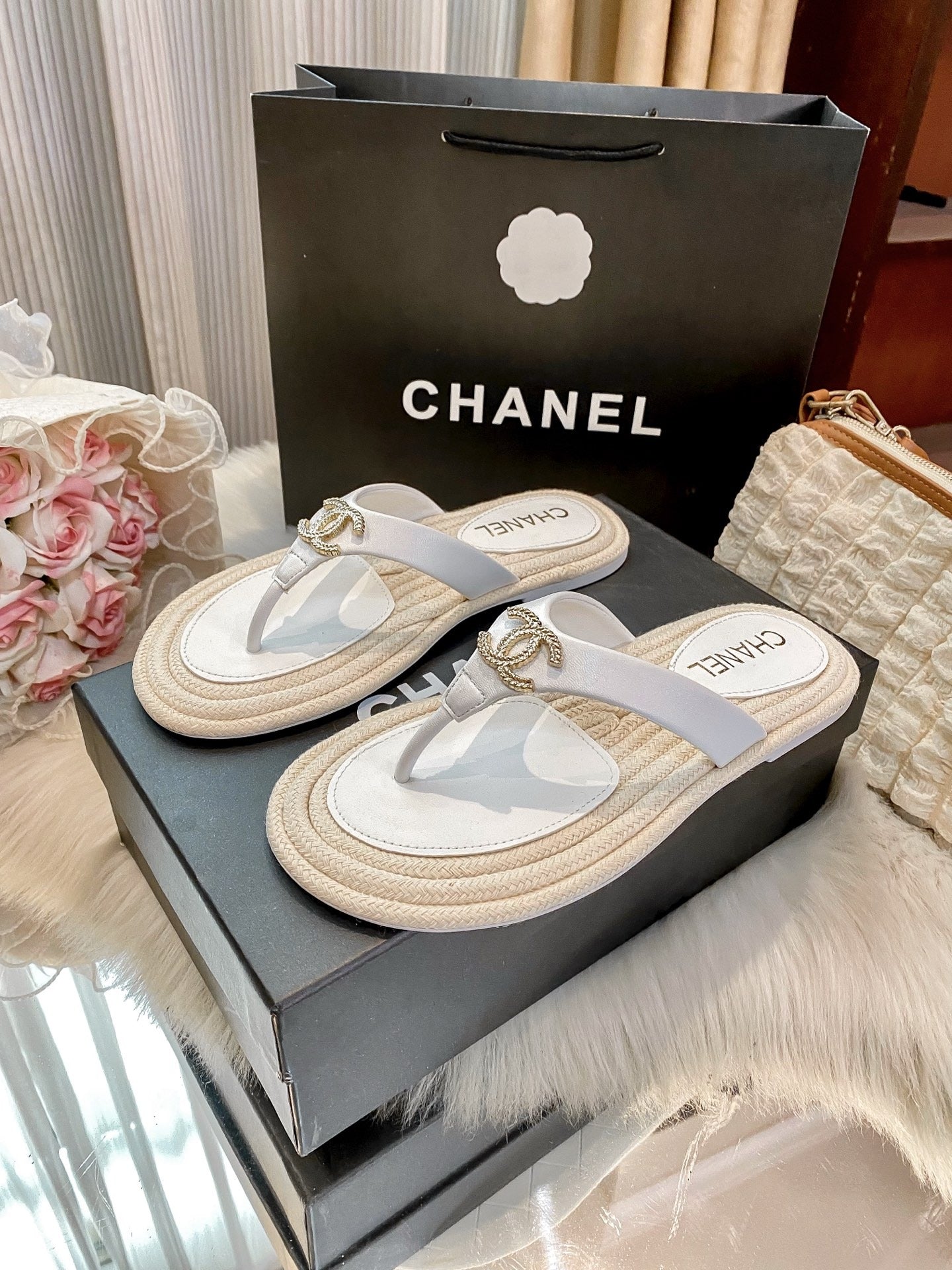 Chanel White Slides