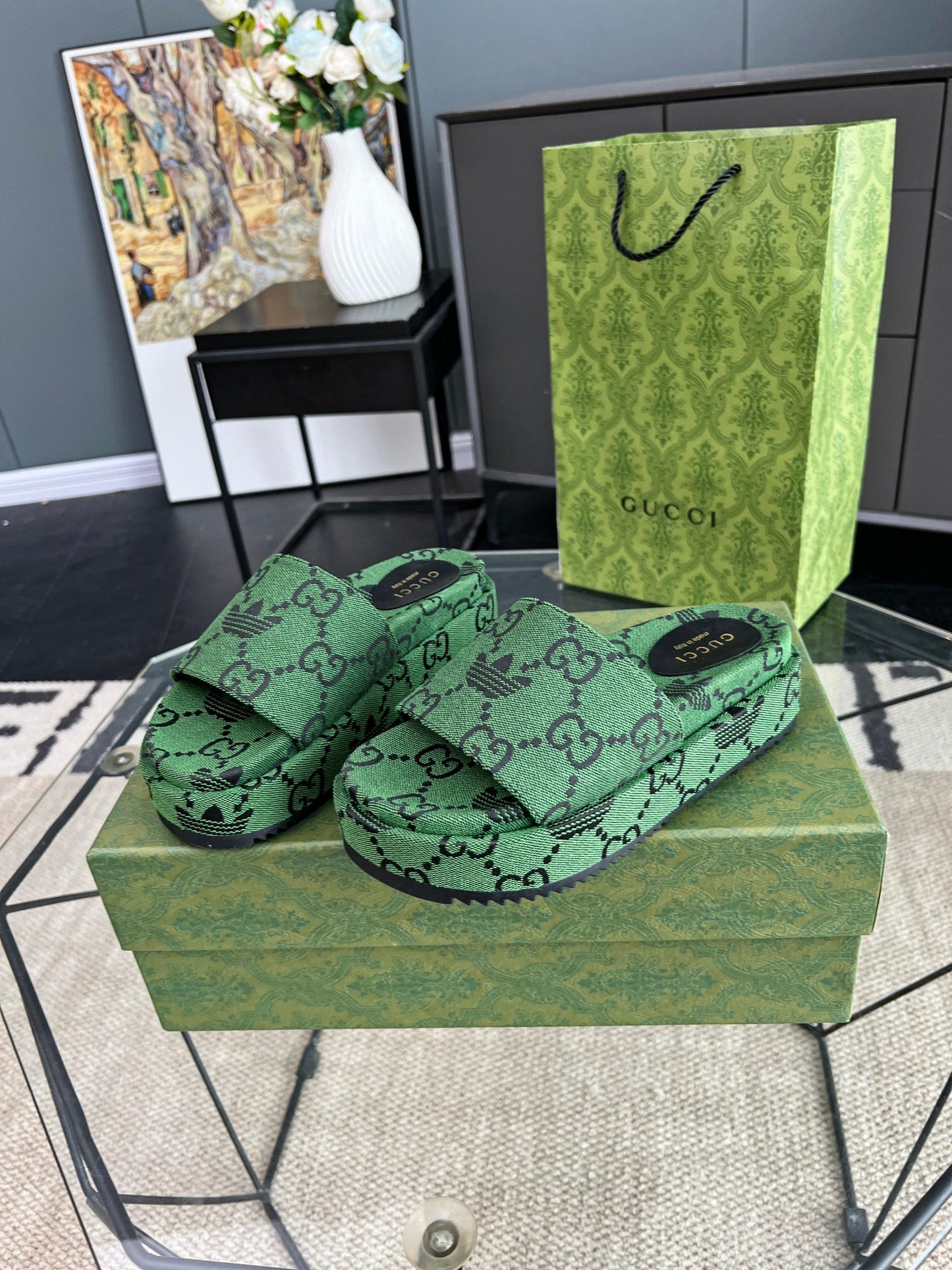 Gucci Green Canvas & Leather Double G Slides