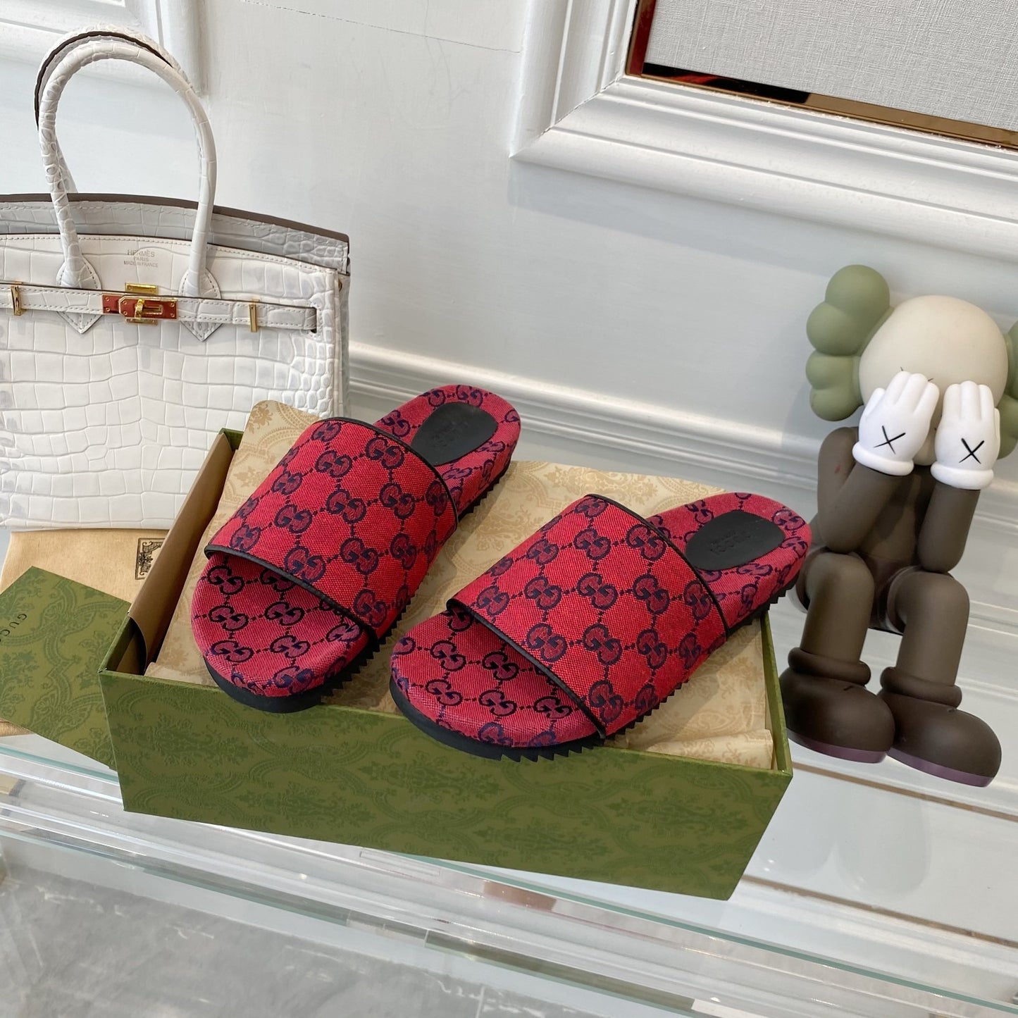 Gucci Green Canvas & Leather Double G Slides