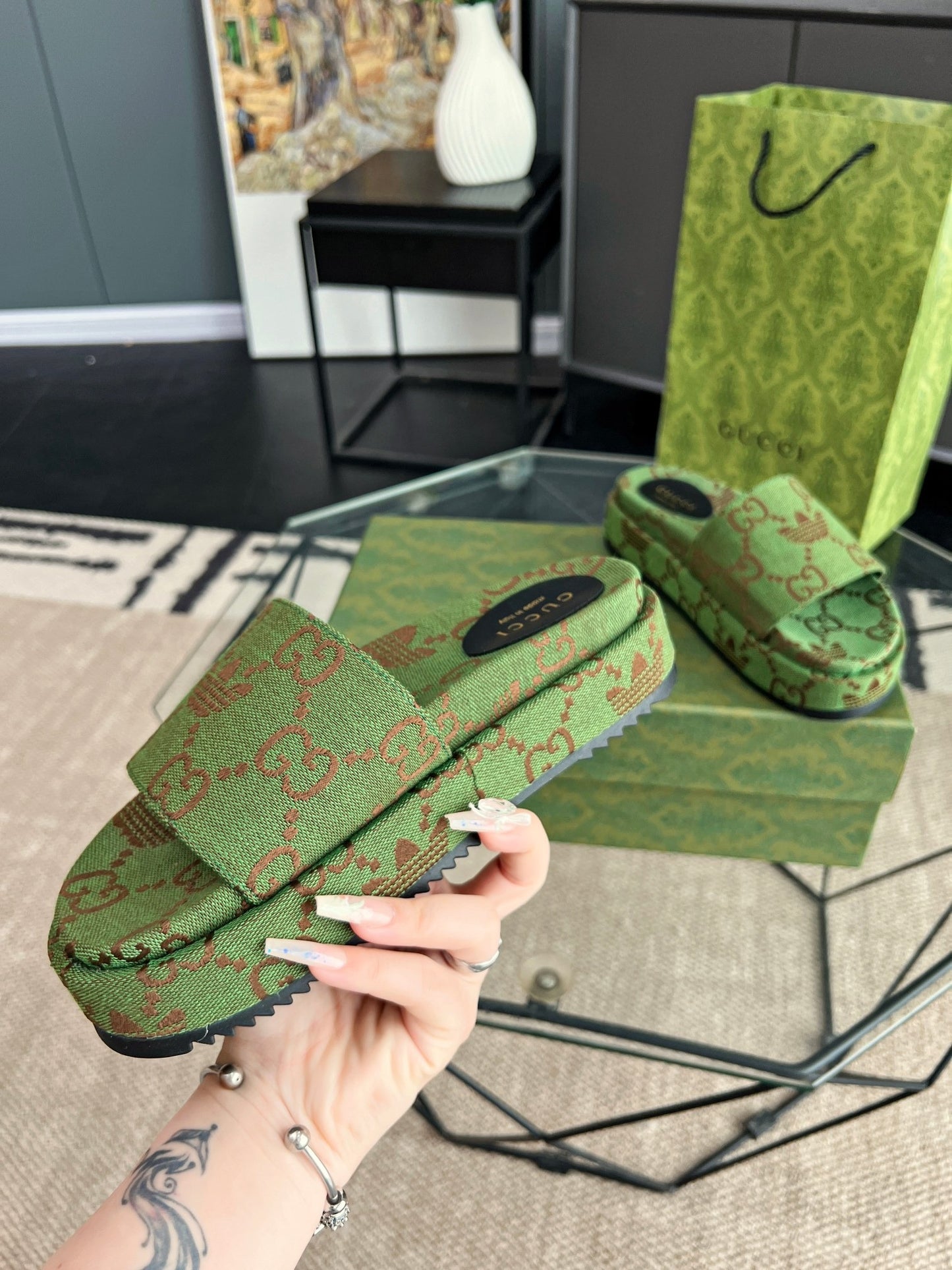 Gucci Green Canvas & Leather Double G Slides