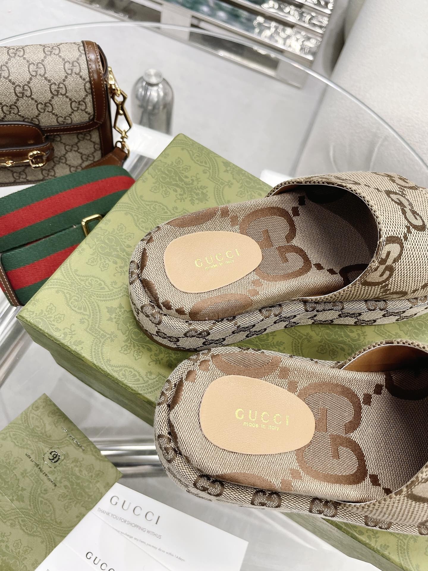 Gucci Green Canvas & Leather Double G Slides