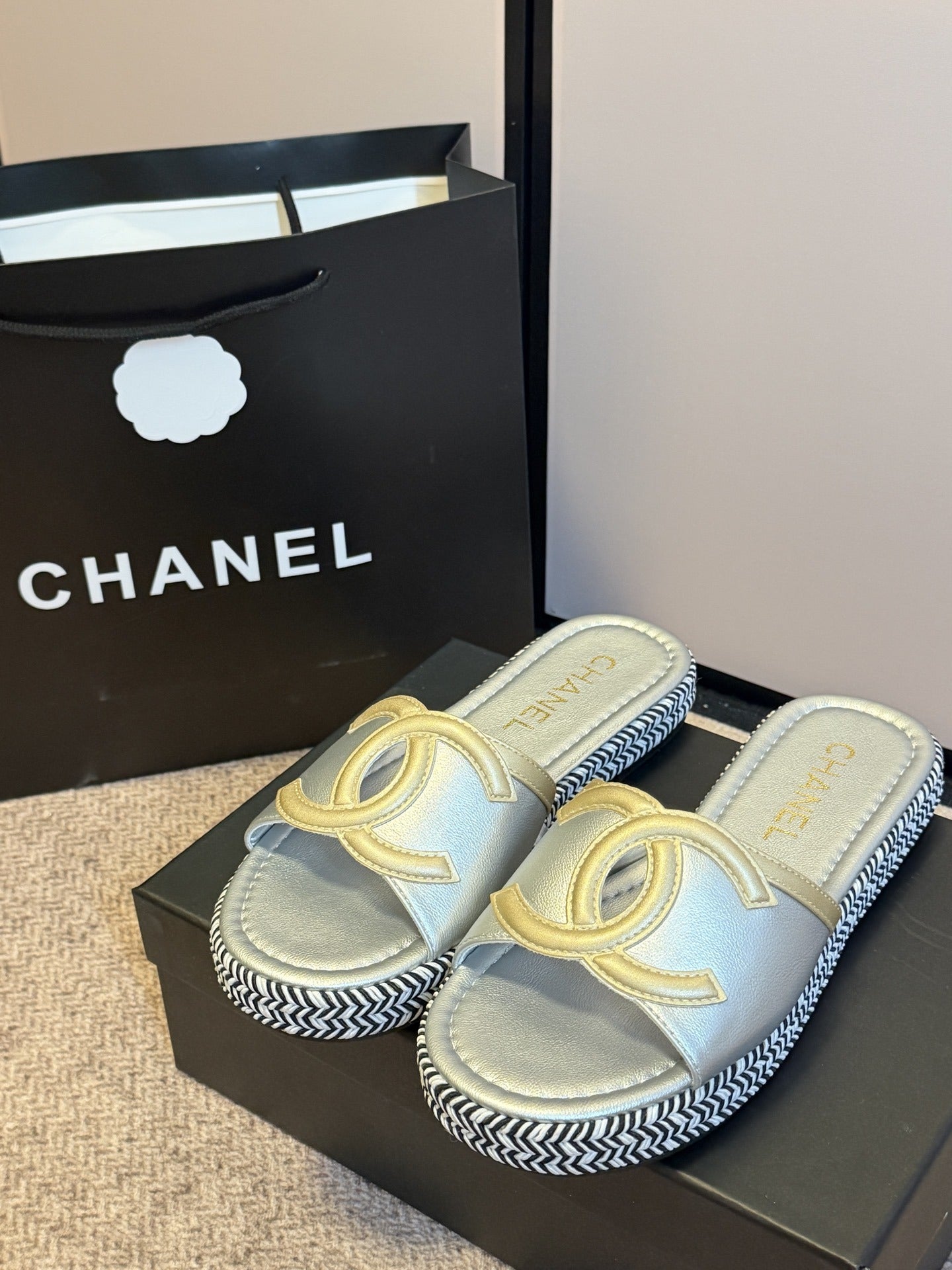 Chanel Lambskin Leather Logo Slides