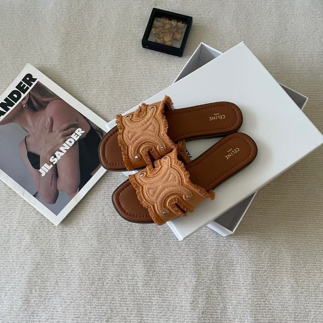 Celine Denim & Leather Tassel Slides