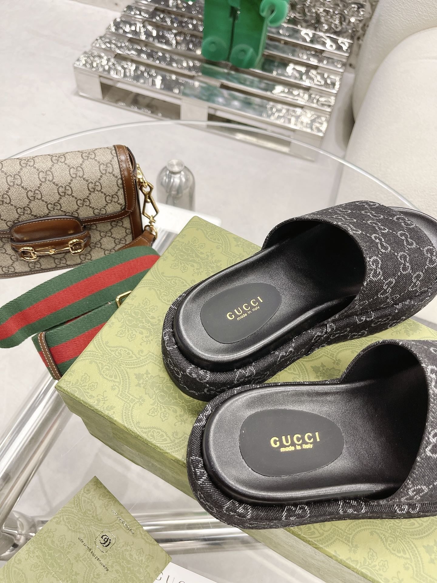 Gucci Green Canvas & Leather Double G Slides