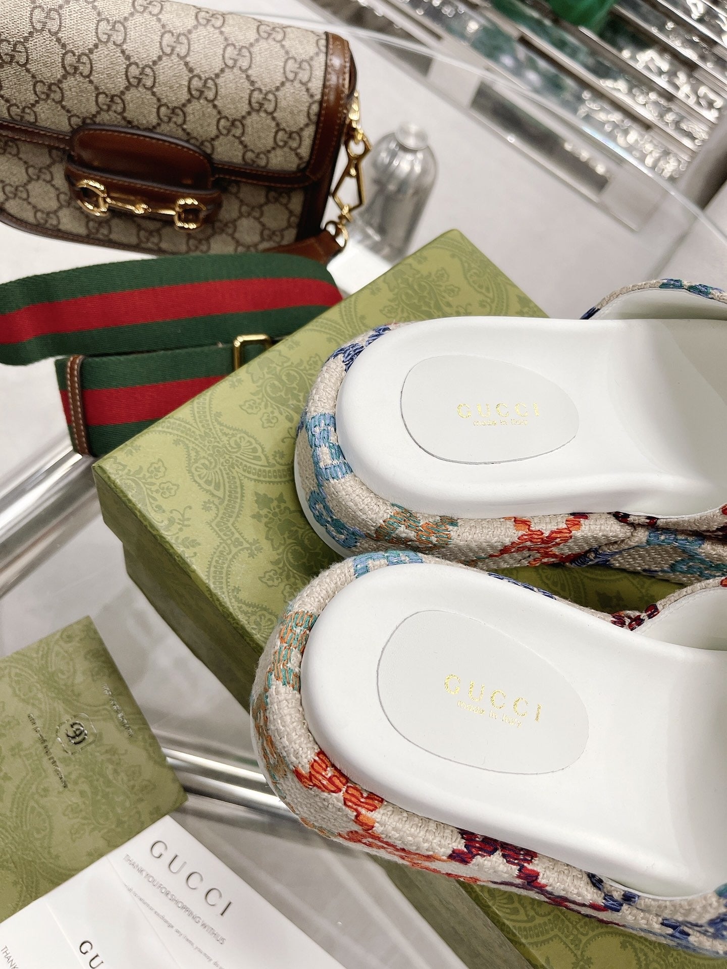 Gucci Green Canvas & Leather Double G Slides