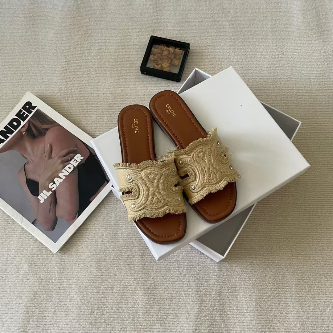 Celine Denim & Leather Tassel Slides