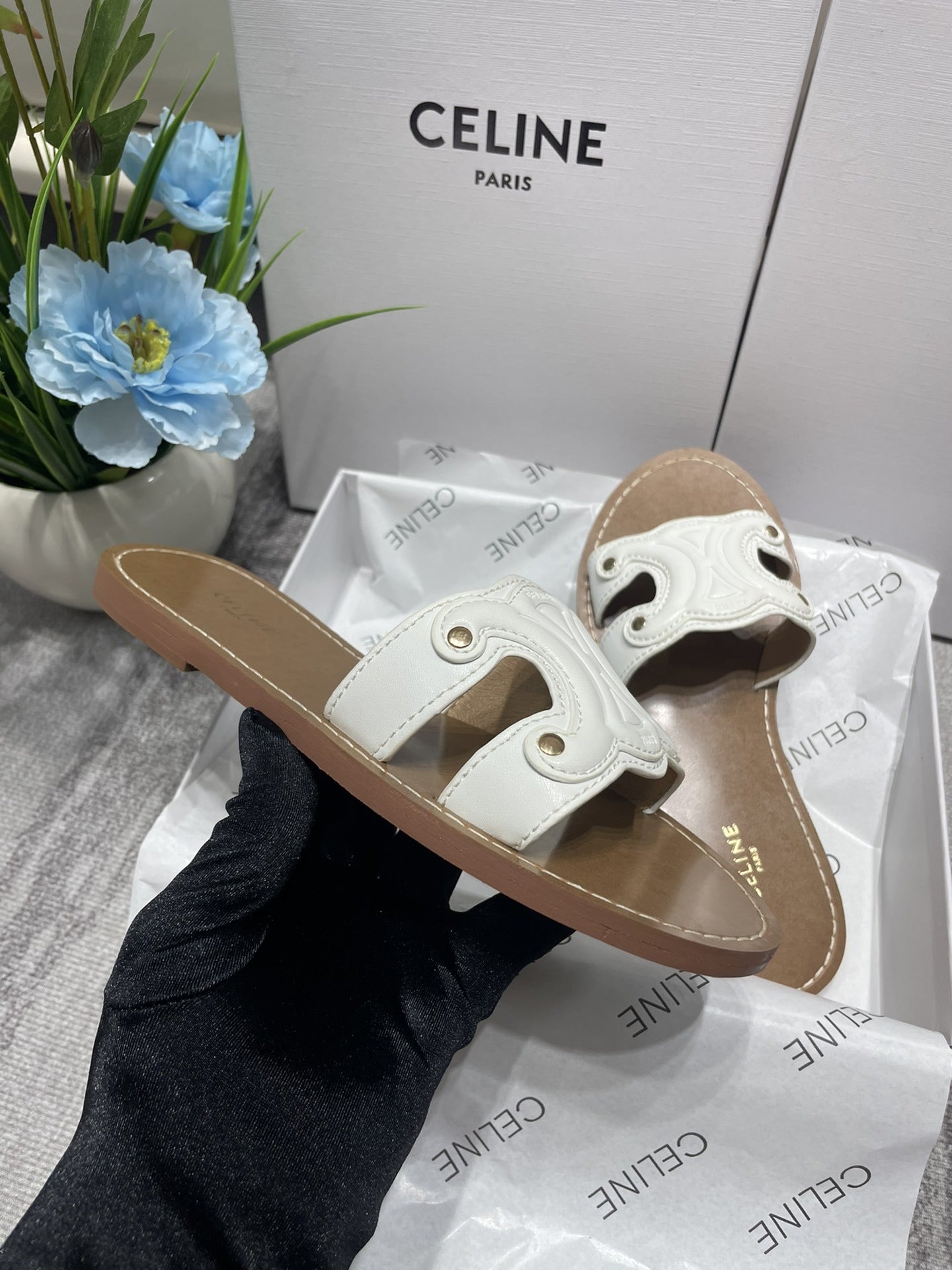 Celine Denim & Leather Tassel Slides