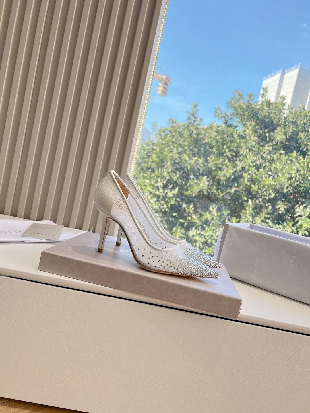 Jimmy Choo Lambskin Leather Crystal Heels