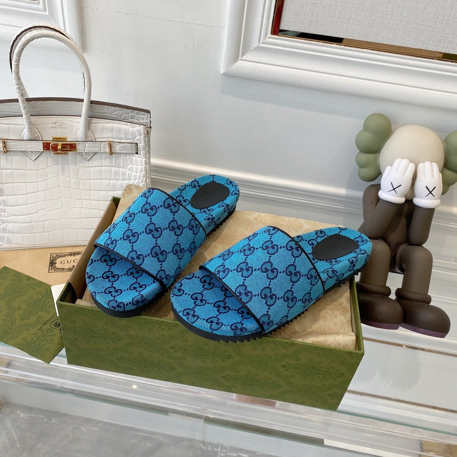 Gucci Green Canvas & Leather Double G Slides