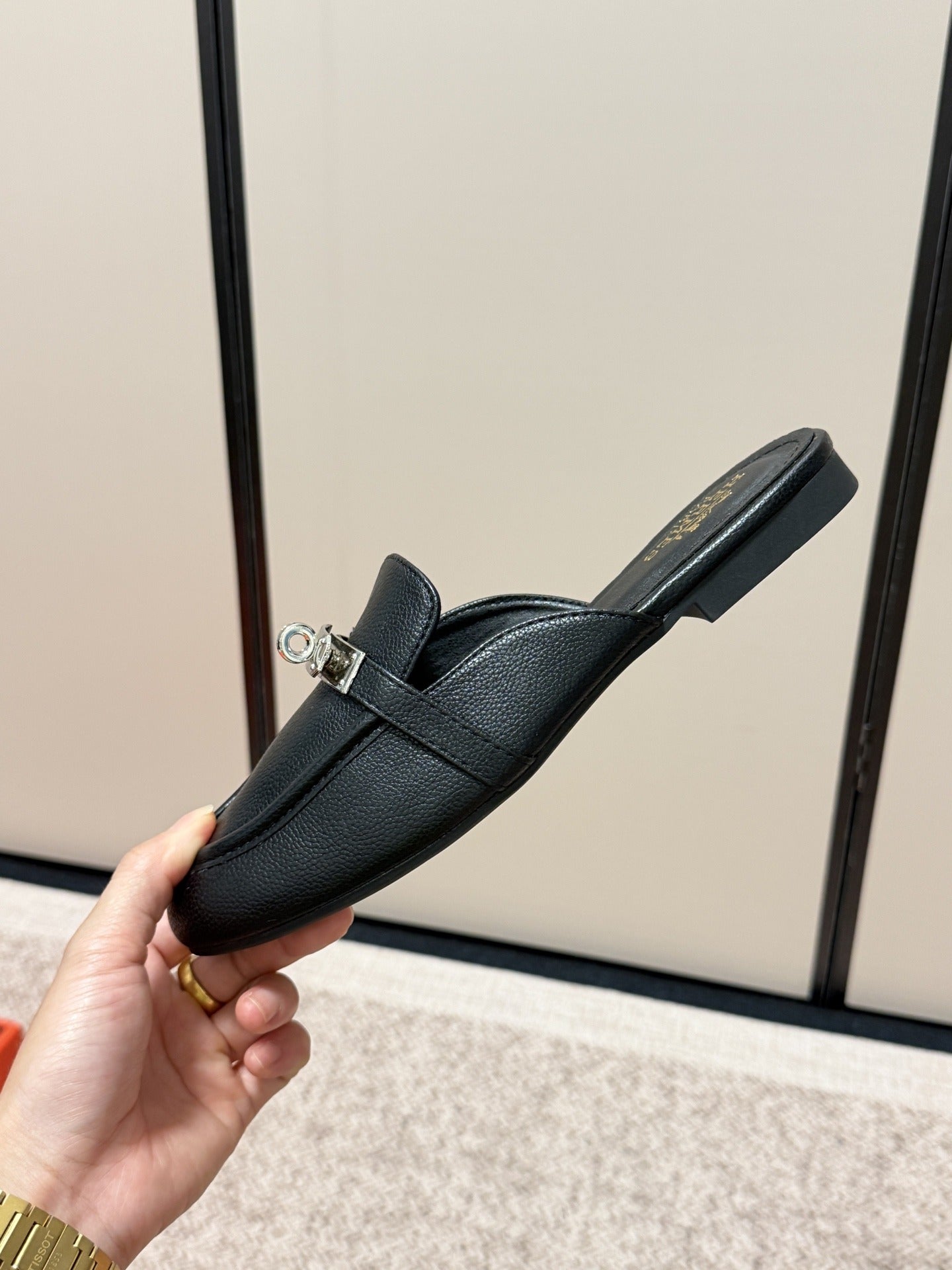 Hermes Calfskin Leather Logo Slides