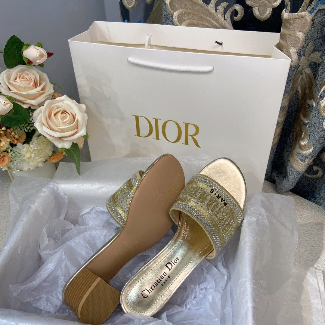 Dior Cotton & Lambskin Leather Crystal Slides