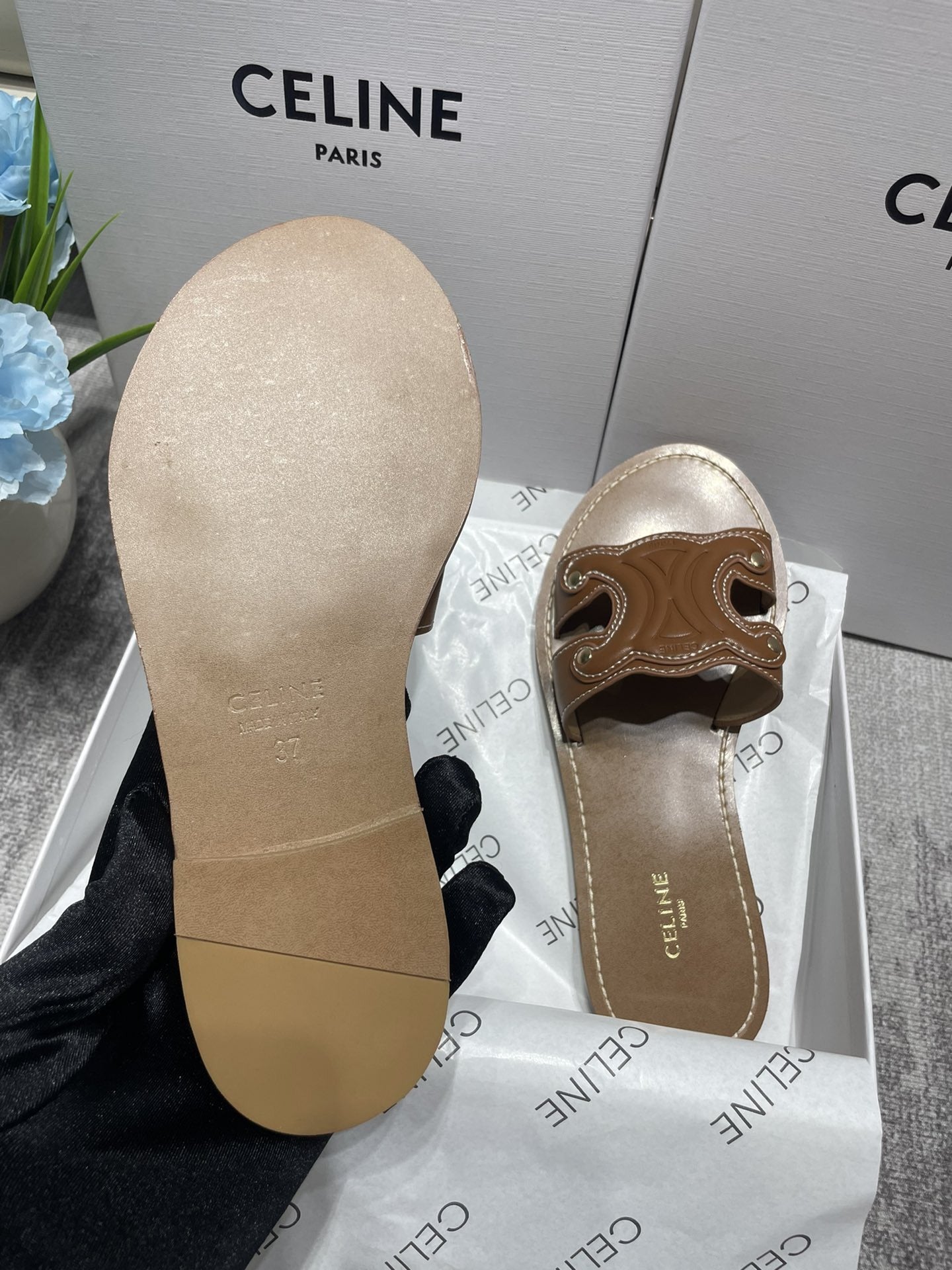 Celine Denim & Leather Tassel Slides