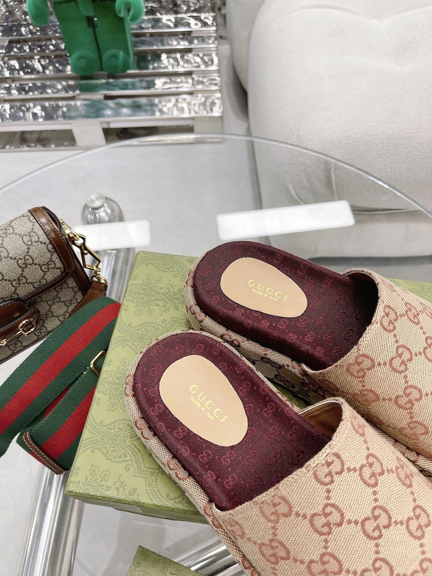 Gucci Green Canvas & Leather Double G Slides