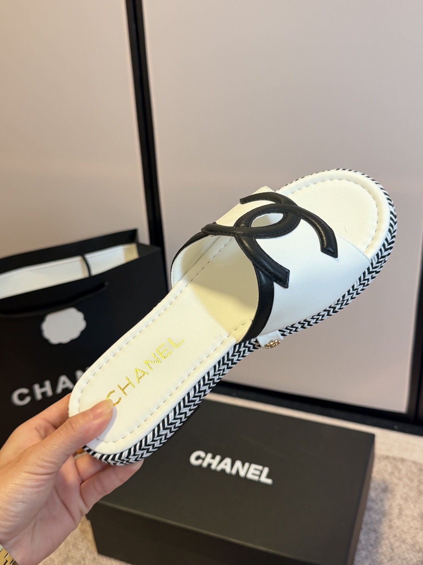 Chanel Lambskin Leather Logo Slides