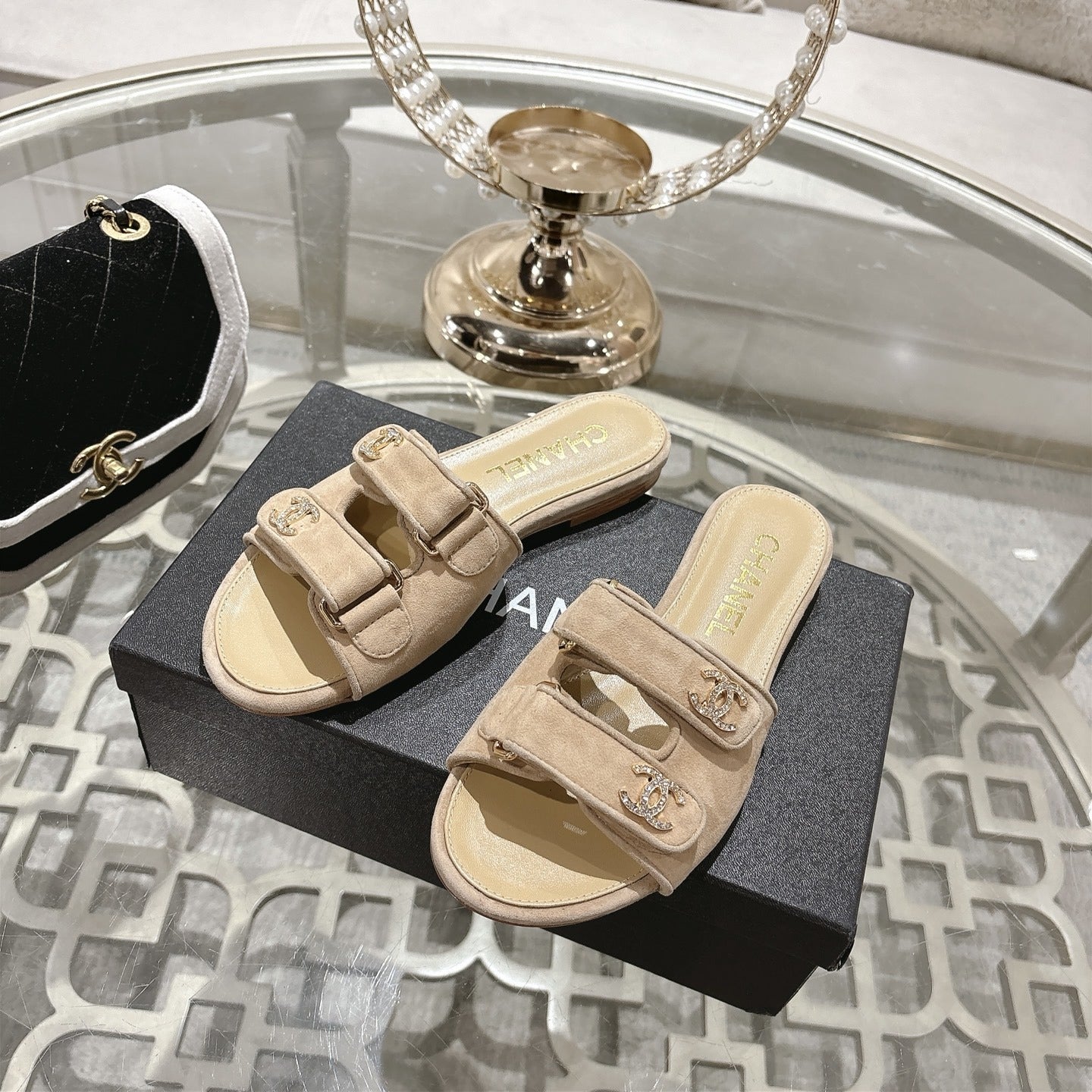 Chanel Lambskin Leather Crystal Slides