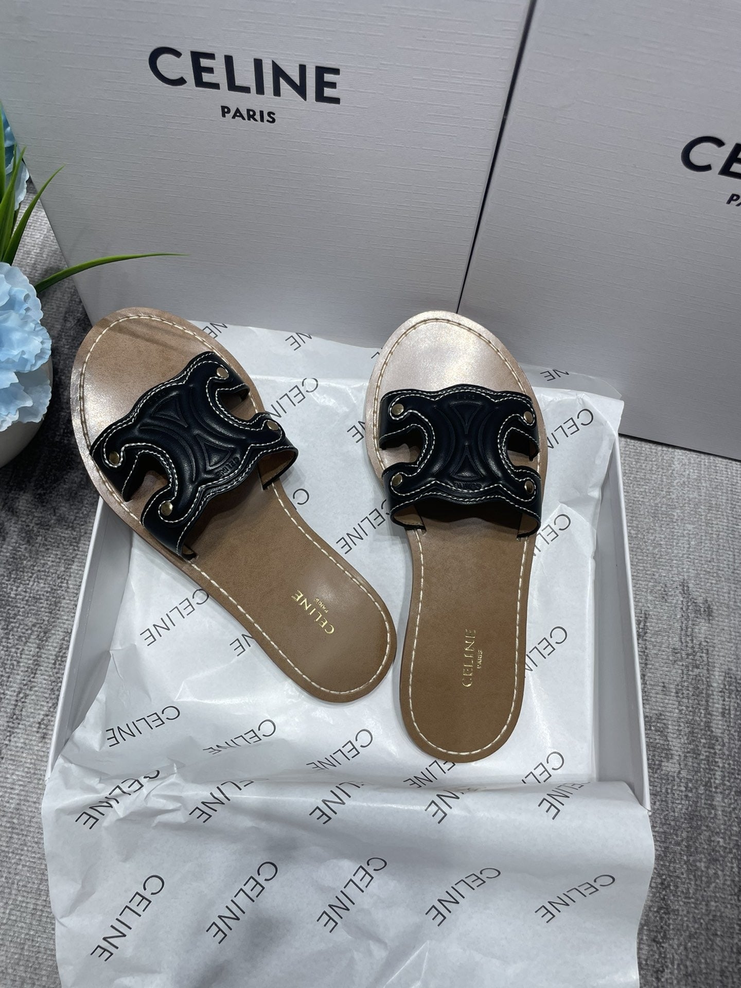 Celine Denim & Leather Tassel Slides