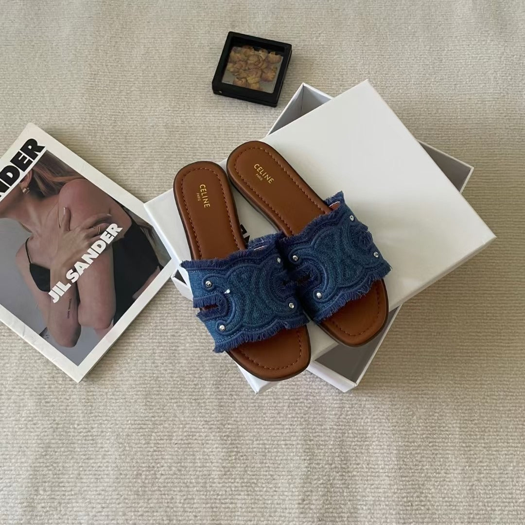 Celine Denim & Leather Tassel Slides